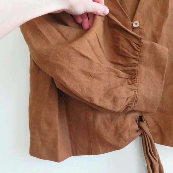 JOIE Linen Blend Cropped Button Tie Front Blouse Top in Brown Boho Cottage Sz M - Picture 7 of 14